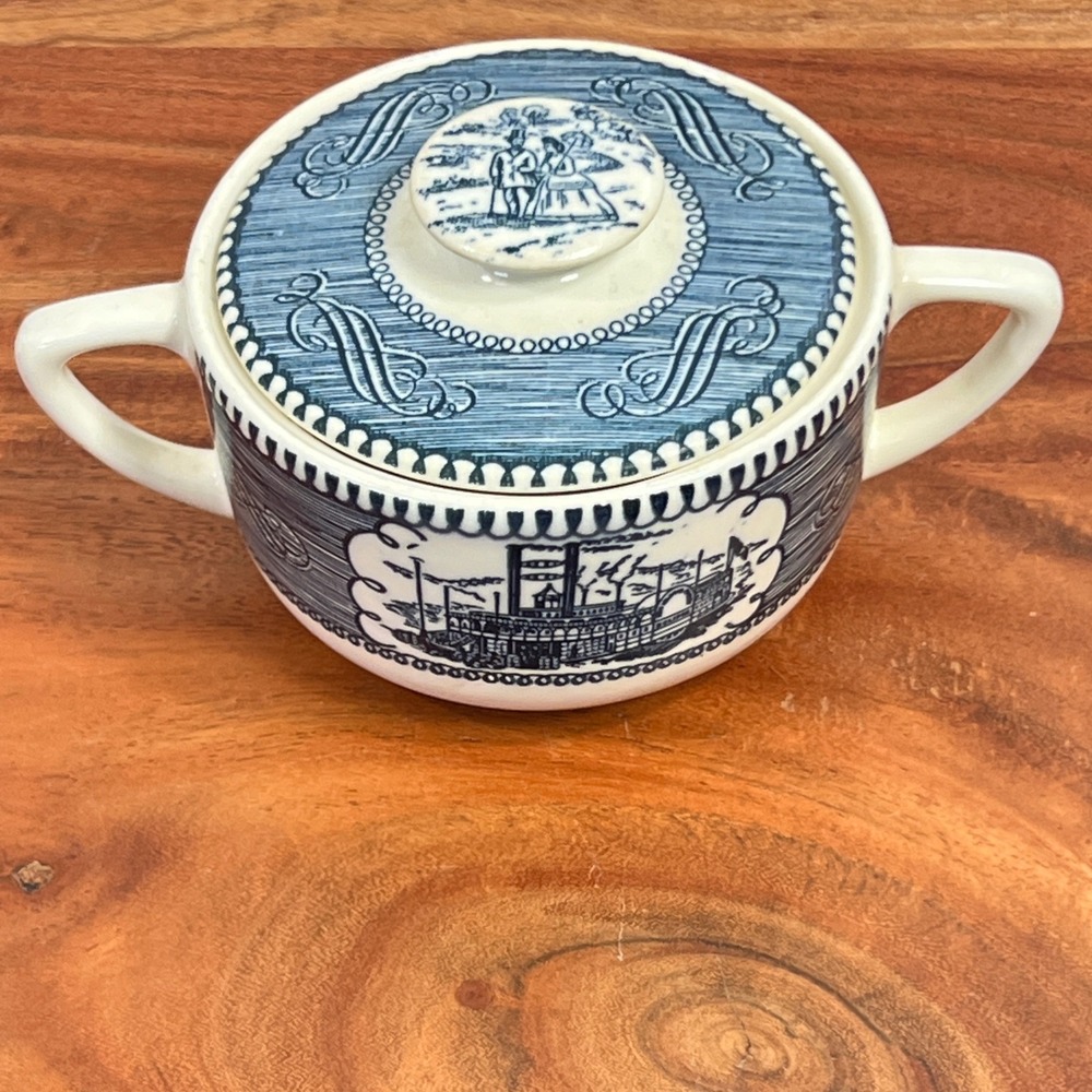 Vintage Currier & Ives Blue Steamboat Sugar Bowl with Lid Ceramic Transferware